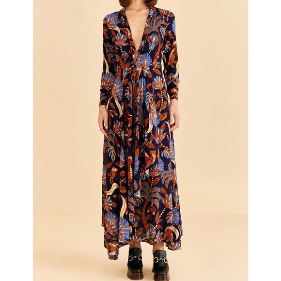 Farm Rio Blue Nature Beauty Long Sleeve Maxi Dress - Picture 1 of 9